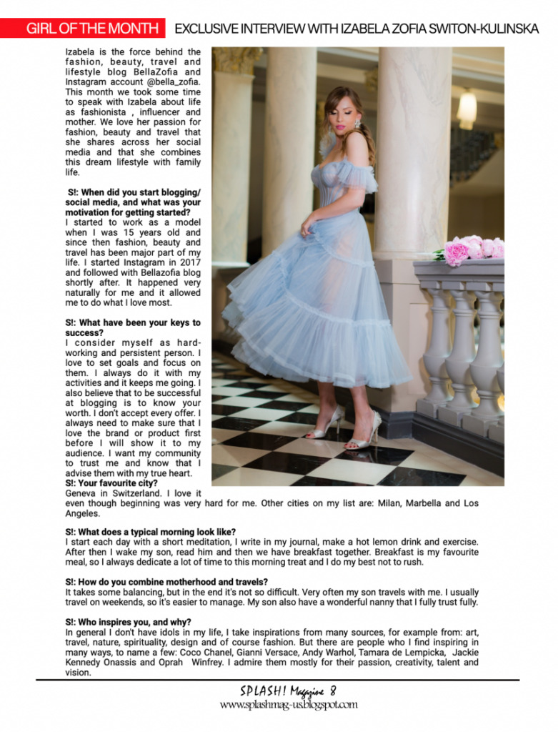 Press I interview for Splash Magazine, Bella Zofia Izabela Switon-Kulinska