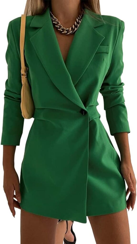 Fall 2022 Fashion Edit with Lumina Fashion. Green apple colour, micro-mini Blazer Dress Trend for the perfect look.  (The style is also for future moms).